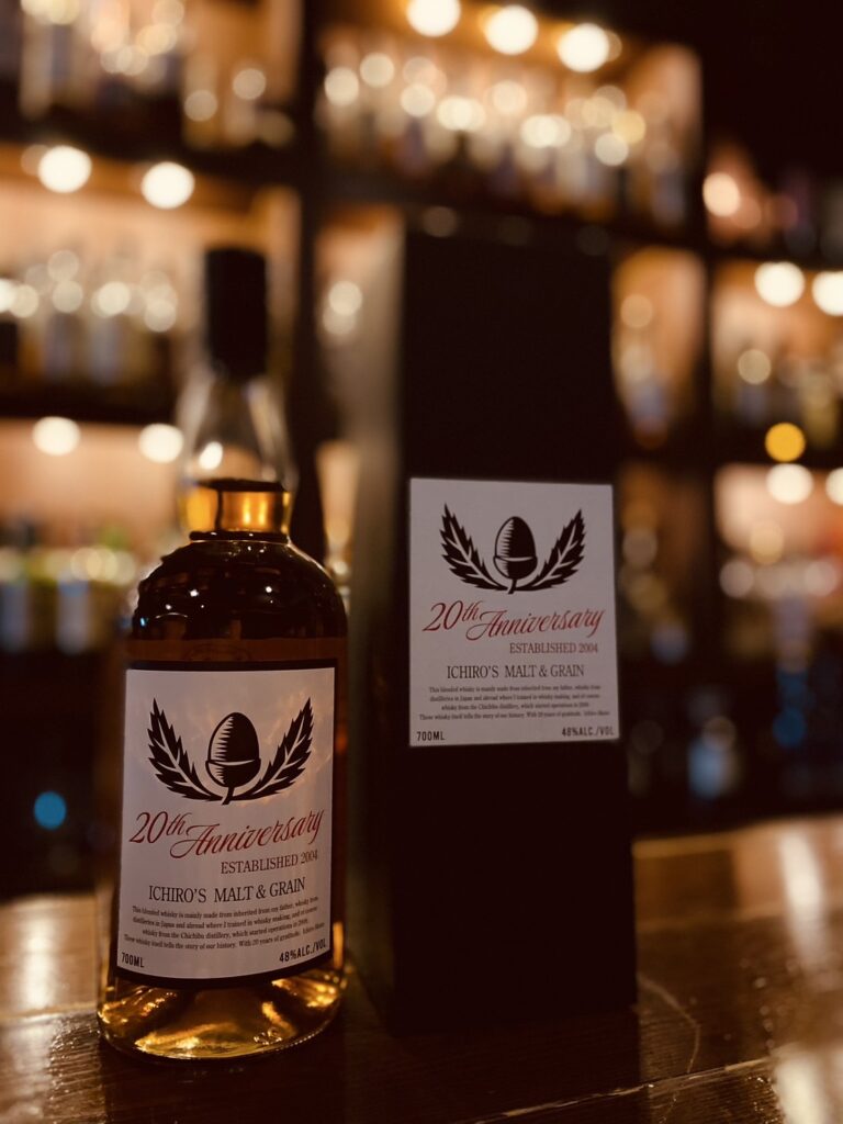 The Ichiro's Malt 20th Anniversary blended whisky bottle, featuring rare Hanyu 39yo and Chichibu 15yo, selected by Mika Tanimoto."