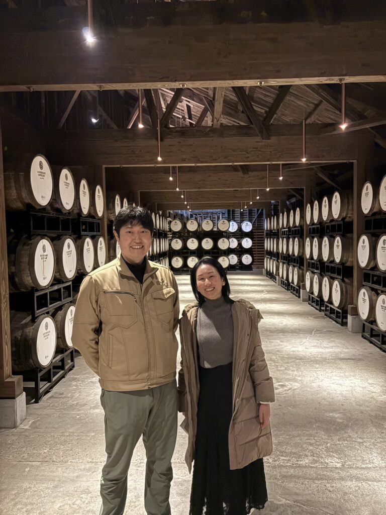 "Mika Tanimoto, owner of Bar Little Happiness Hiroshima, with the President of Saburomaru Distillery, sharing their passion for Japanese whisky craftsmanship."